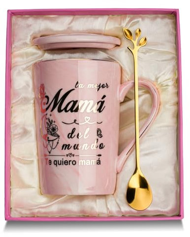 Regalo Madre, Regalos para Madres, Regalo Cumpleaños Madre Taza, Regalo Mamá Imprimir la mejor Mamá del mundo, Te quiero mamá, 14oz Ceramica Taza Regalo para Mama, con Tarjeta, Cuchara Caja de Regalo