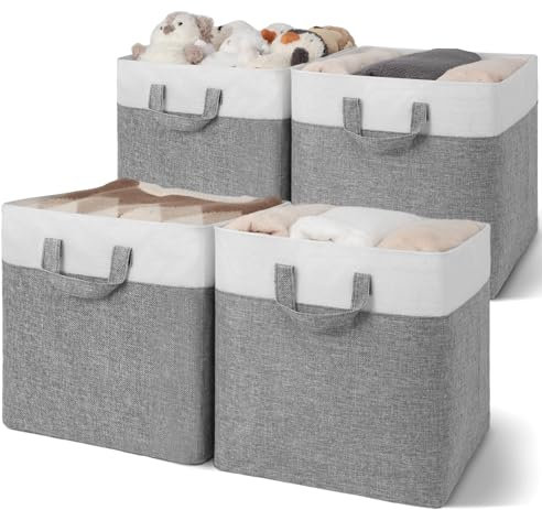 GRANNY SAYS Aufbewahrungswürfel mit Metallrahmen, 4 Stück Aufbewahrungsboxen Stoff, Regalboxen mit Griffen, Stoffkisten Aufbewahrung für Ikea Kallax Organisieren, Regalkörbe 33x33x33 cm, Grau/Weiß