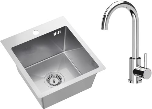VBChome Edelstahlspüle mit Armatur 40 x 45 cm Gebürsteter Edelstahl Einbauspüle mit Hahnloch Edelstahl Küchenspüle Spüle Groß Becken Ablaufgarnitur Siphon Edelstahlspüle Armatur Silberchrom