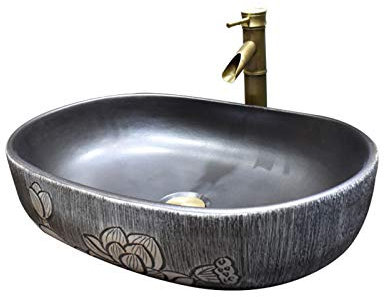 SmPinnaA Handgeschnitztes Keramik-Waschbecken, Ovales Kunstbecken Über Der Theke, Porzellan-Keramik-Kunstbecken, Modernes Waschbecken Für Toilette, Waschtisch, B, Einzelbecken