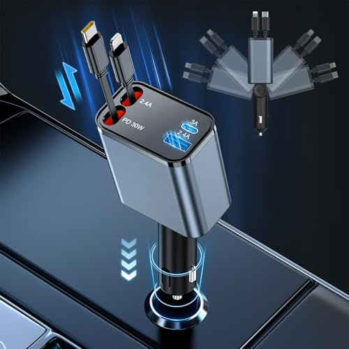 69W Retráctil Cargador Coche Carga Rapida Cargador Mechero Coche Cargador de Automóviles 2 Cables Retráctil y 2 Puertos USB Mechero Coche Adaptador para iPhone 15 14 13 12 11/iPad/Samsung/Xiaomi