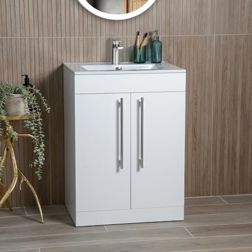 Valta 615mm White Vanity Unit Under Sink Bathroom Cabinet Fully Assembled Includes Ceramic Basin Sink Floor Standing with Chrome Handles Chrome Basin Tap & Pop Up Waste…