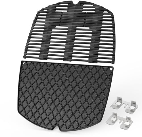 onlyfire Plancha de Cuisson et Grille de Cuisson en Fonte pour Weber Q300 Q320 Q3000 Q3100 Q3200 Gril à Gaz, Pièces de Rechange pour Weber 6560/7646, 45 x 31,5CM, Accessoire Grille Cuisson, Paquet 2