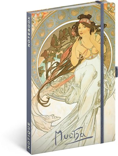 NOTIQUE Notizbuch Liniert mit Gummiband 13x21cm ca. A5, Designer Hardcover Notebook, Notizblock, Notizheft, Journal, Tagebuch für Erwachsene, Damen (Alphonse Mucha Musik)