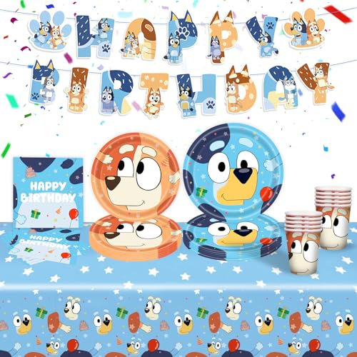 Party Tableware Set Blue-52PCS Kids Birthday Party Plates Cups Napkins Tablecloth Happy Birthday Banner Puppy Dog Themed Party Supplies Kids Party Tableware Decorations for Kids Baby Shower Party Deco
