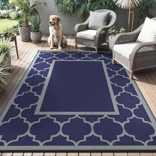 GENIMO Tappeto da Esterno,Tappeto Per Esterno Impermeabili Eeversibili Lavabili, Antipioggia per Terrazze,Giardini,Camper,Picnic,Balcone,Blu & Grigio,150x240cm