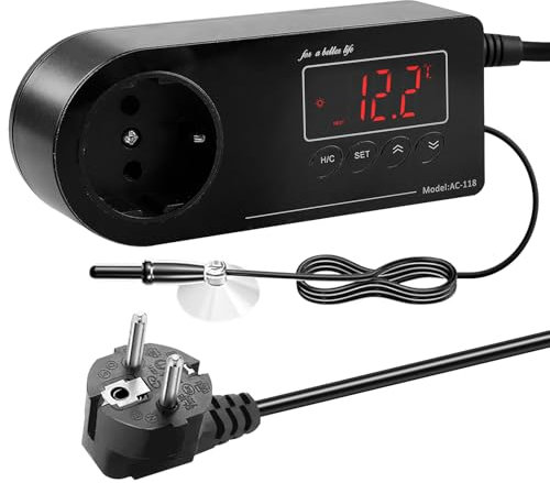 Thermostat Steckdose mit NTC Sensor, Digitaler Temperaturregler, EU-Stecker, Thermostatgesteuerte Steckdose, Heizen Kühlen Temperaturschalter 16-40℃, für Reptilien, Gewächshaus, Aquarium, Terrarium
