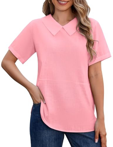 TOMEEK Camicia Donna 100% Cotone Casual Blusa Elegante Maniche Corte Scollo a con Bottoni Top con Versatile Estate Collare Turndown Camicie T Shirt(Rosa,XXL)