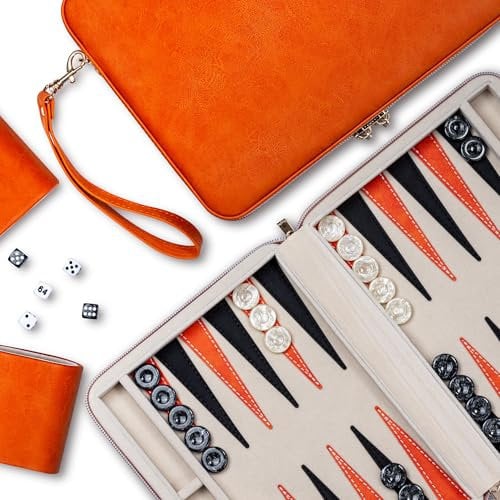 Backgammon-Sets für Erwachsene, klassisches Brettspiel mit faltbarem Kunstleder Backgammonetui, tragbares Reise-Backgammon-Set, inklusive 30 künstlichen Horn-Checkern (Orange)