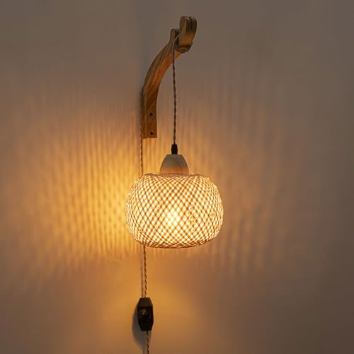 OZBME Retro Rattan Wall Sconce Wood Wall Mount Light with Plug In Cord, Bamboo Lantern Sconces ing Fixture Boho s for Living Room Bedroom Farmhouse Restaurant