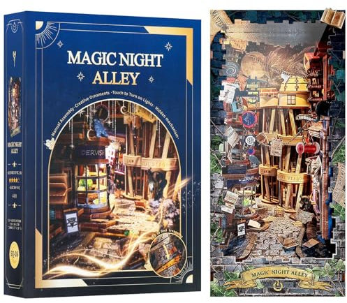 RONSTONE Book Nook- DIY Booknook Kit Miniatur Puppenhäuser mit Staubschutzhülle und LED Licht - Magische Nachtgassse 3D Puzzles Bücherregal Einfügen Dekoration für Erwachsene
