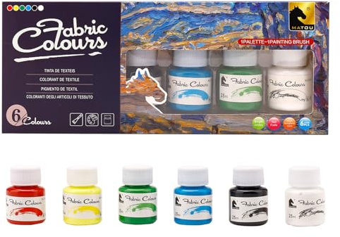 Nurila Textilfarbe 6 Farben Set, Textilfarbe Waschmaschinenfest, Stoffmalfarbe für DIY Textilien, Malerei, T-Shirts, Jeans, Schuhe und Weitere Stoffe, 6x25ml Textilfarben, 1 Pinsel und eine Palette