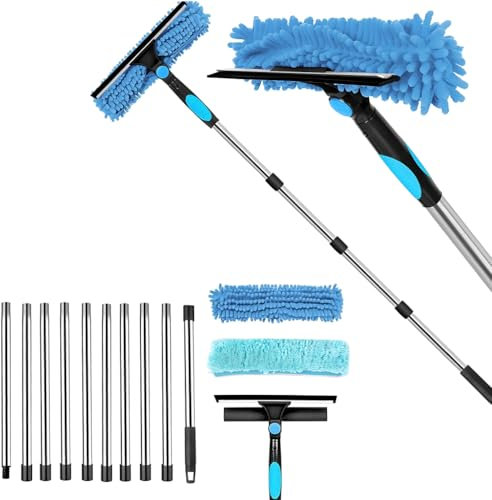 KDXYSL Fensterreiniger mit Teleskopstiel, Profi Teleskop Fensterwischer mit Silikonabzieher Mikrofaserschrubber Verlängerungsstange, Fensterreinigungsset für Bad, Dusche, Glas, Spiegel, Auto