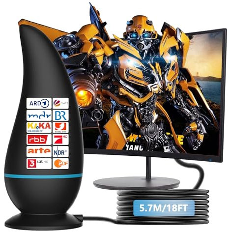 Antenne DVB-T/DVB-T2, antenne HDTV d'intérieur pour téléviseur, grande portée et réception à 360° avec amplificateur de signal renforcé pour les chaînes locales HD 4K et tous les anciens téléviseurs