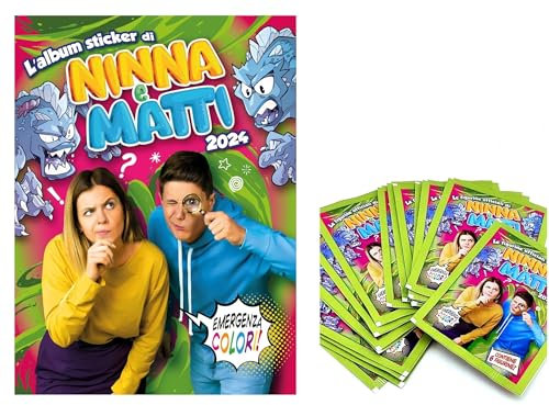 Album Sticker figurine Ninna e Matti Emergenza colori con 12 pacchetti di figurine + portachiave pailettes e penna multicolore