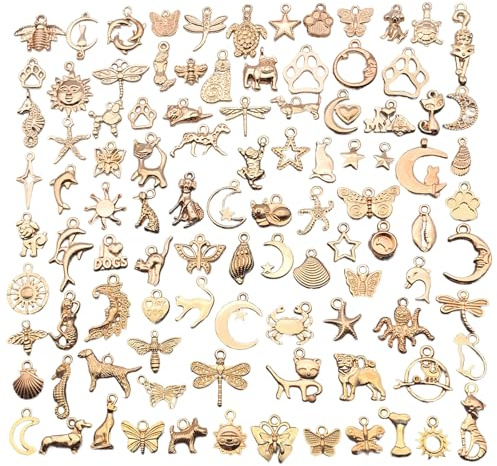 YSDINK 100 Stück Charm Anhänger Set -DIY Schmuck Basteln, Vintage Aesthetic Accessoires für Armbänder,Halsketten & Ohrringe,Gemischte Metallanhänger in Gold für kreative Schmuckherstellung