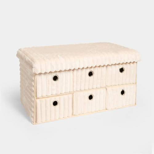 OHS 6 Fabric Drawers Storage Unit Organiser, Luxurious Ribbed 6 Cube Drawer Storage Chest of Drawers with Metal Handle Cube Unit Closet Organiser for Bedroom Living Room, Cream