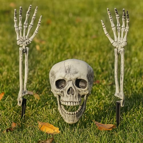 3 Stück Halloween Deko Skelett, Halloween Deko Outdoor Totenkopf Helloween Skelett Dekor Realistische Helloween Gartendeko Spooky Grabstein Skeletons Vergraben Kopf Und Hände (Totenkopf 3er-Set)