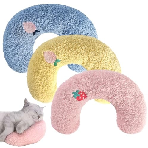 Zuxbolf 3 Stück Kissen für Katzen Hunde U-förmiges Beruhigungskissen Haustierkissen Weiches Plüsch Katzenkissen Nackenkissen Hundekopfkissen für Kleine Haustiere Schlafen & Spielen (Blau Rosa Gelb)