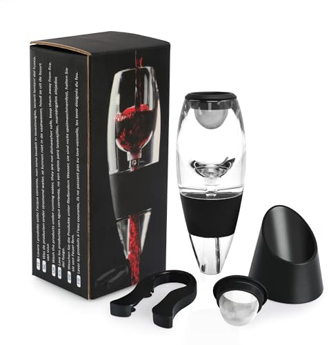 Oaioya Dekanter Set | Premium Rotwein Dekanter & Weinbelüfter mit Venturi-Effekt | Inkl. Edelstahlfilter, Standfuß, Papierschneider & Karaffe | Weindekanter Schwarz