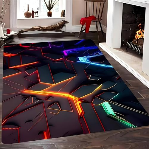 USHIRUG Bunter Geometrischer Teppich, 120x180cm, Abstraktes 3D-Muster in Orange, Blau und Lila, rutschfest, Waschbar Teppiche für Den Innenbereich Dekoration für Wohnzimmer Schlafzimmer