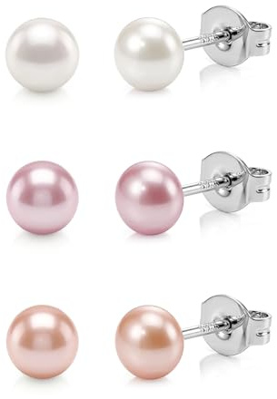 ORAZIO 3 Paar Perlenohrringe Silber 925 Perlen Ohrstecker Damen | Hypoallergene Ohrringe Perlen Süßwasserperlen Ohrstecker Set Damen Rosa Weiße Ohrstecker Perlenohrringe Schmuck Frauen