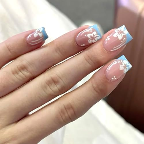 Ceboic 24Pcs Blue French Tip Press on Nails, Short Square False Nails with White Flowers, Natural Reusable Acrylic Fake Nail Set, Elegant Artificial Stick on Nails for Women Girls DIY Manicure