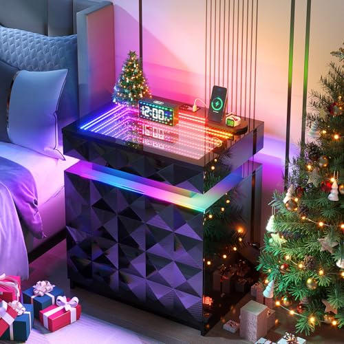 TAGELIER Nachttisch mit RGB-LED, Glasplatte & Ladestation