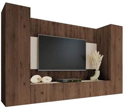 Mirjan24 Wohnwand Deromi V, Anbauwand mit Wandpaneele und TV-Lowboard, Akustikplatten, Fernsehschrank, Schrankwand, Mediawand, 2X Hängeschrank (Eiche Okapi + Travertin)