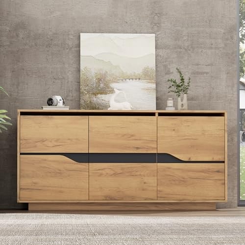 Merax Aparador con 3 puertas, aparador de madera, armario de cocina, mesa auxiliar con divisores ajustables, armarios anchos sin mango, color madera + negro/140 x 40 x 70 cm