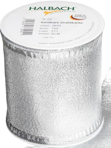 Halbach Seidenbänder Geschenkband Silber - made in Germany - mit formbaren Drahtkanten | 100mm x 20m | Edles goldenes Band für Hochzeit oder Weihnachten