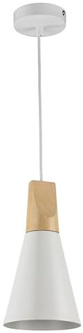 Moderna Lampada pendente a sospensione da Soffitto, per interni, Design nordic, in metallo bianco e legno, paralume cono, filo lungo, altezza regolabile 1 lampadina E27 60W 220-240V non incl
