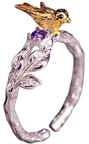 NicoWerk Damen Silberring Vogel aus 925 Sterling Silber Ast Lila Amethyst Golden Ethno Natur Verstellbar Offen SRI337