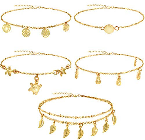 Suyi 5Pcs Chaînes De Chaîne De Cheville De Charme Ajustable Pour Les Femmes Sexy Svelte Plage Pied Chaînes Ensemble De Bijoux Gold