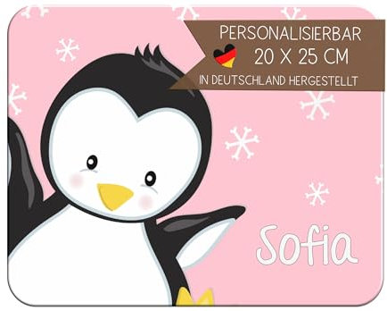 CreaDesign Personalisiertes Kinder Frühstücksbrett mit Namen, 20x25 cm, rutschfestes Schneidebrett aus Kunststoff, Pinguin Design, spülmaschinen & mikrowellengeeignet, Schneidbrett für Kinder