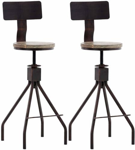 CLP 2er Set Barhocker Elko Im Industrial-Look I Höhenverstellbarer Thekenhocker Mit Holzsitz Und Rückenlehne I Metallhocker Mit Fußstütze, Farbe:Bronze