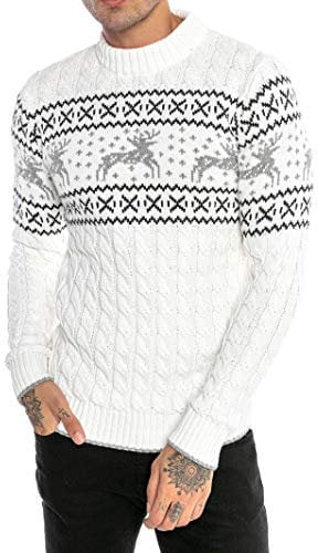 Suéter de Punto para Hombres Estilo Noruego Jersey Slim-Fit Plait Reindeer Blanco XL