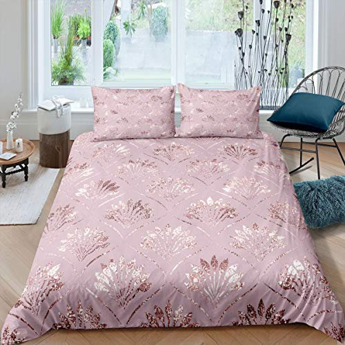 Girly Duvet Cover Chic Floral Pattern Art Bedding Set for Kids Boys Girls Glitter Pink Flowers Comforter Cover Rose Gold Decorative Bedspread Cover Bedroom 2Pcs Single Size