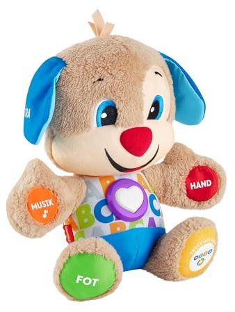 Fisher-Price Lernspaß-Hündchen mit drei Stufen | sprechendes Kuscheltier mit Musik als Kinderspielzeug und Baby Spielzeug | Interaktiver Teddybär, Version: Schwedisch, FPM65