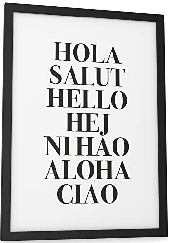 Papierschmiede® Typografie Poster, A4 fertig gerahmt (Rahmen: Material und Farbe wählbar), Wanddeko Bild mit Spruch in schwarz-weiß, Wohnzimmer, Schlafzimmer, Küche, Hola Salut Hello Ciao