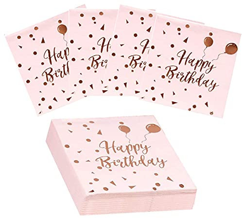 50 Stück Servietten Geburtstag Mädchen Papierservietten Rosa Gold Papier Napkins für Party Hochzeit Deko 33 x 33cm (rosa happy birthday)