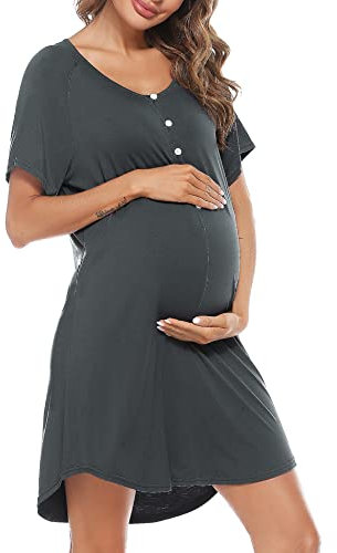 Uniexcosm Chemise de Nuit Femme Été Robe de Nuit Femme Coton Chemise de Nuit Allaitement Maternité Manches Courtes Col en V avec Bouton Devant Ouvert Gris Pur M