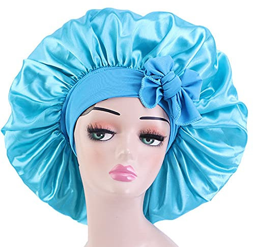 Satin Bonnet Silk Bonnet Hair Bonnet Jumbo Size For Sleeping Satin Bonnet Stretchy Tie Band for Women Long Curly Braid Hair (L.Blau)