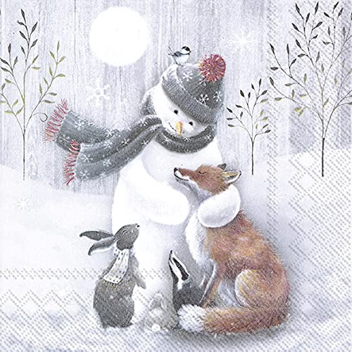 20 Servietten Schneemann umarmt alle | Fuchs | Hase | Tiere | Winter | Weihnachten | Tischdeko 33x33cm