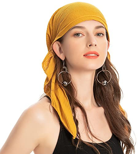 ZLYC Damen Chemo Turban Mütze Vorgebundenes Kopftuch Headwraps Leichte Hut(Solides Gelb)