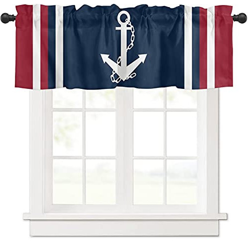 Savannan Nautische Volants, nautischer Anker, rot, weiß, gestreift, marineblau, Stangentasche, Café, Volant, kurze Fenstervorhänge, Volants für Küche, Schlafzimmer, Wohnzimmer, 1 Vorhang, 137 x 45 cm