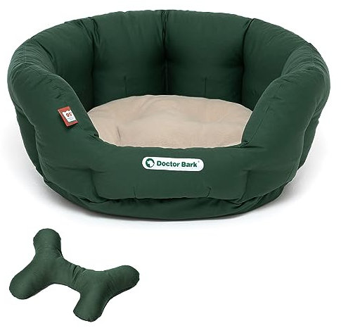 Doctor Bark - Hundebett rund - kuscheliger Hundekorb für größere Hunde mit orthopädischem Wendekissen und Toy-Bone - Waschbar bis 95°C - Made in Germany (L - 60x50 cm, Grün/Beige)