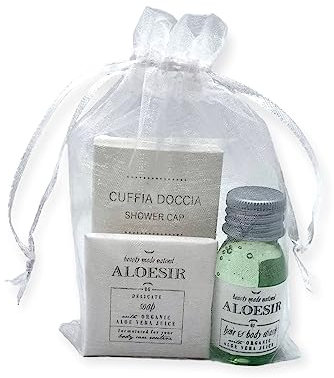Linea cortesia per Hotel ALOESIR con Aloe Vera - n.50 set confezionati in bustine di organza, composti da 50pz. di flaconi Hair&Body wash 20ml. + 50 saponette da 15gr + 50 cuffie doccia in astuccio