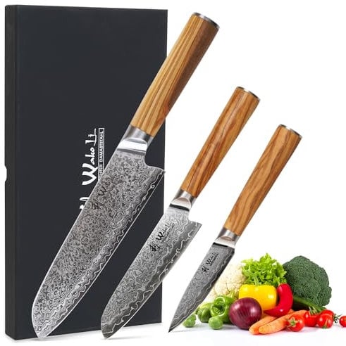 Wakoli Oribu Damast 3er Messer-Set Kiritsuke mit Klingen von 11 bis 20 cm I 67 Lagen Damast Küchenmesser I Kochmesser aus echtem Damaststahl mit ergonomischem Olivenholzgriff I Damastmesser für Köche