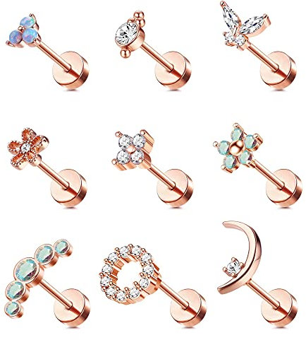 Morfetto 16G Knorpel Ohrstecker für Frauen 316L Edelstahl Schraube Flache Rückseite Ohrringe Schmetterling Mond Blume Opal Knorpel Tragus Daith Helix Piercing Ohrringe